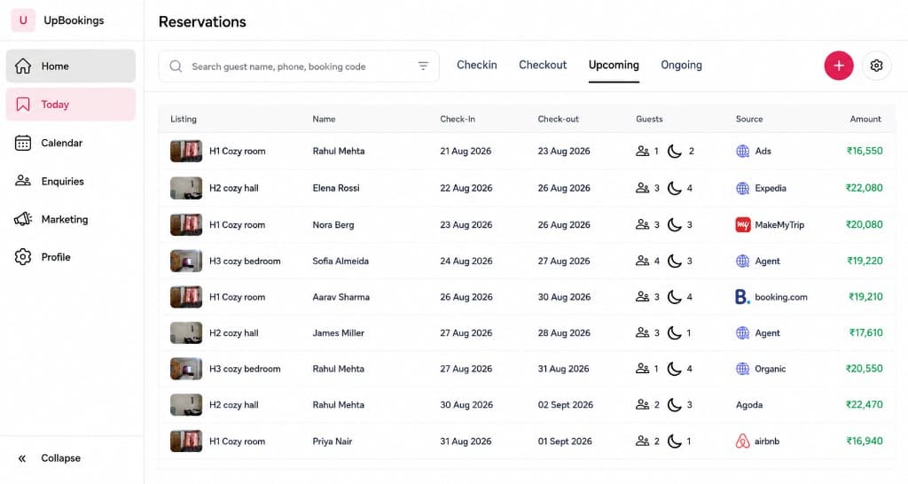 UpBookings reservations list