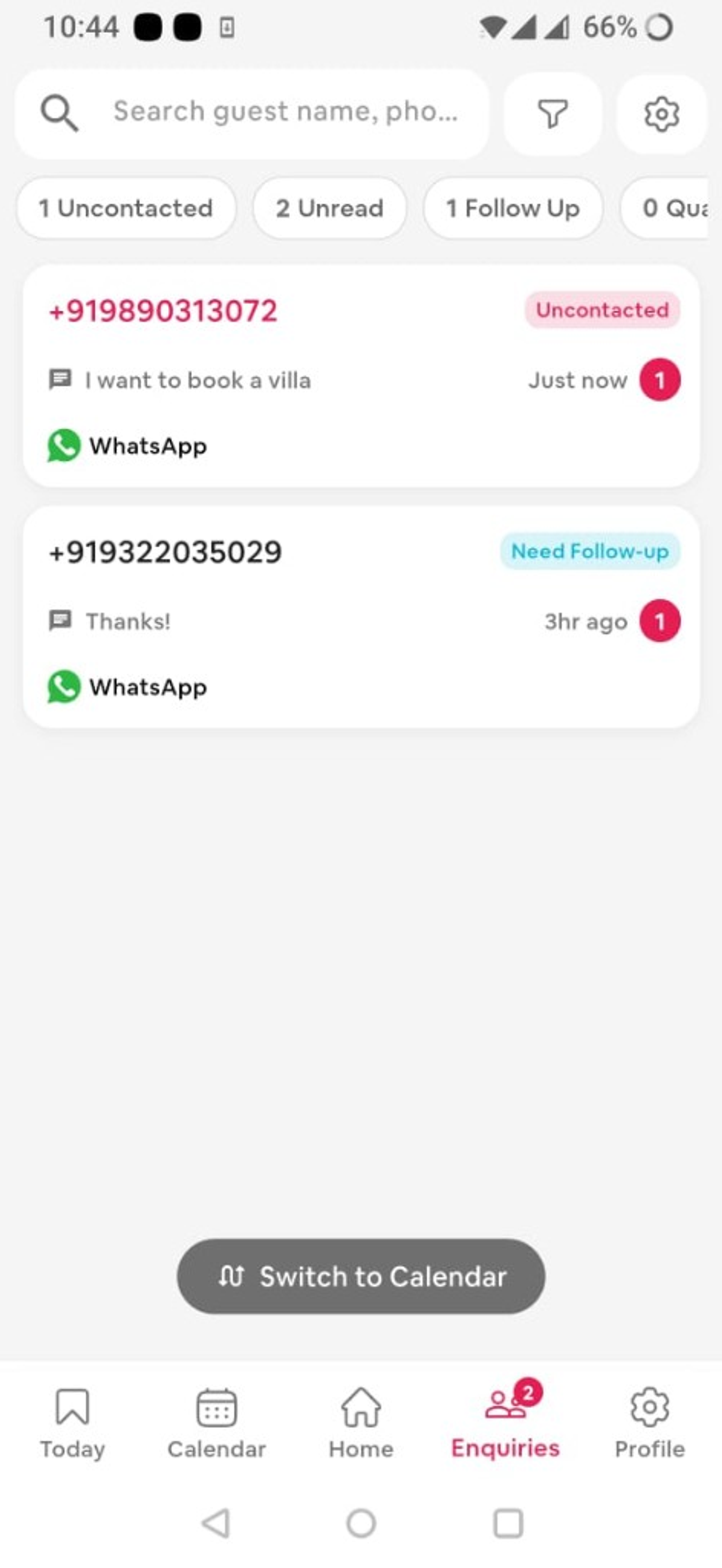 WhatsApp enquiries inbox on iPhone